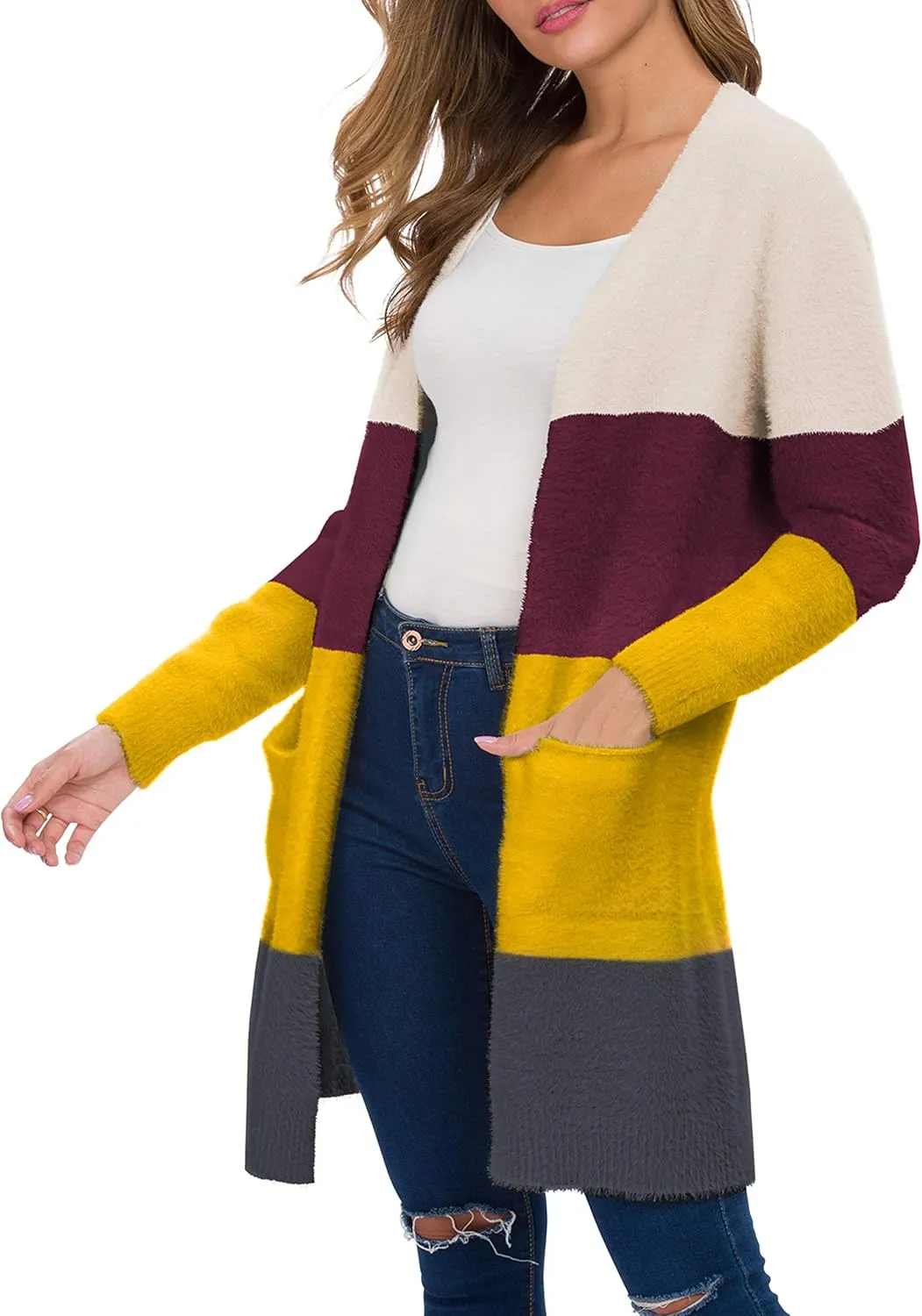 QIXING Women's Casual Open Front Knit Cardigans Long Sleeve Plush Sweater Coat with Pockets