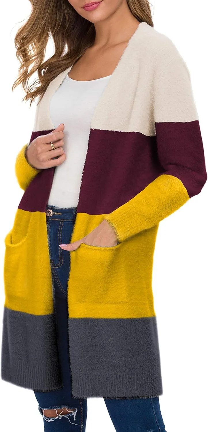 QIXING Women's Casual Open Front Knit Cardigans Long Sleeve Plush Sweater Coat with Pockets