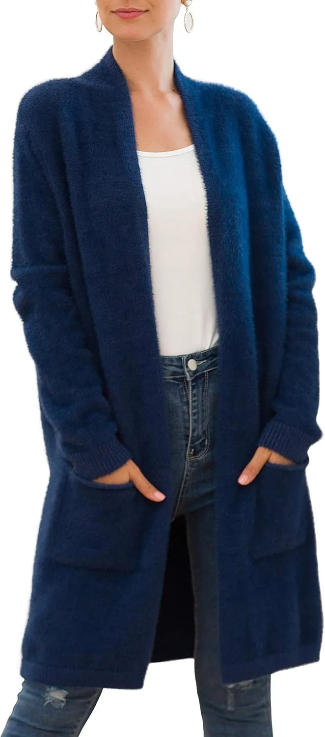 QIXING Women's Casual Open Front Knit Cardigans Long Sleeve Plush Sweater Coat with Pockets