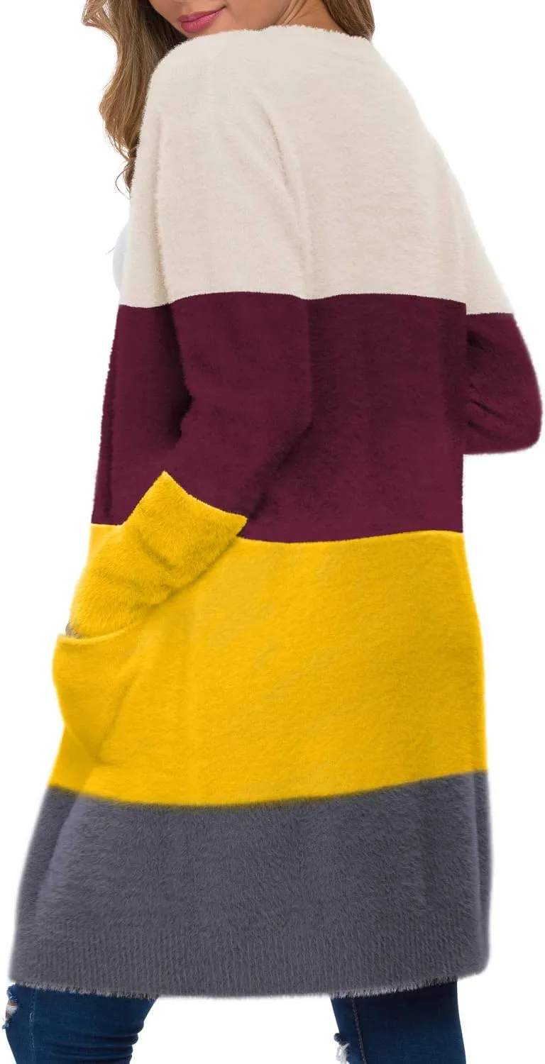 QIXING Women's Casual Open Front Knit Cardigans Long Sleeve Plush Sweater Coat with Pockets