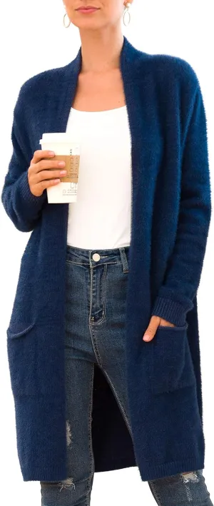 QIXING Women's Casual Open Front Knit Cardigans Long Sleeve Plush Sweater Coat with Pockets