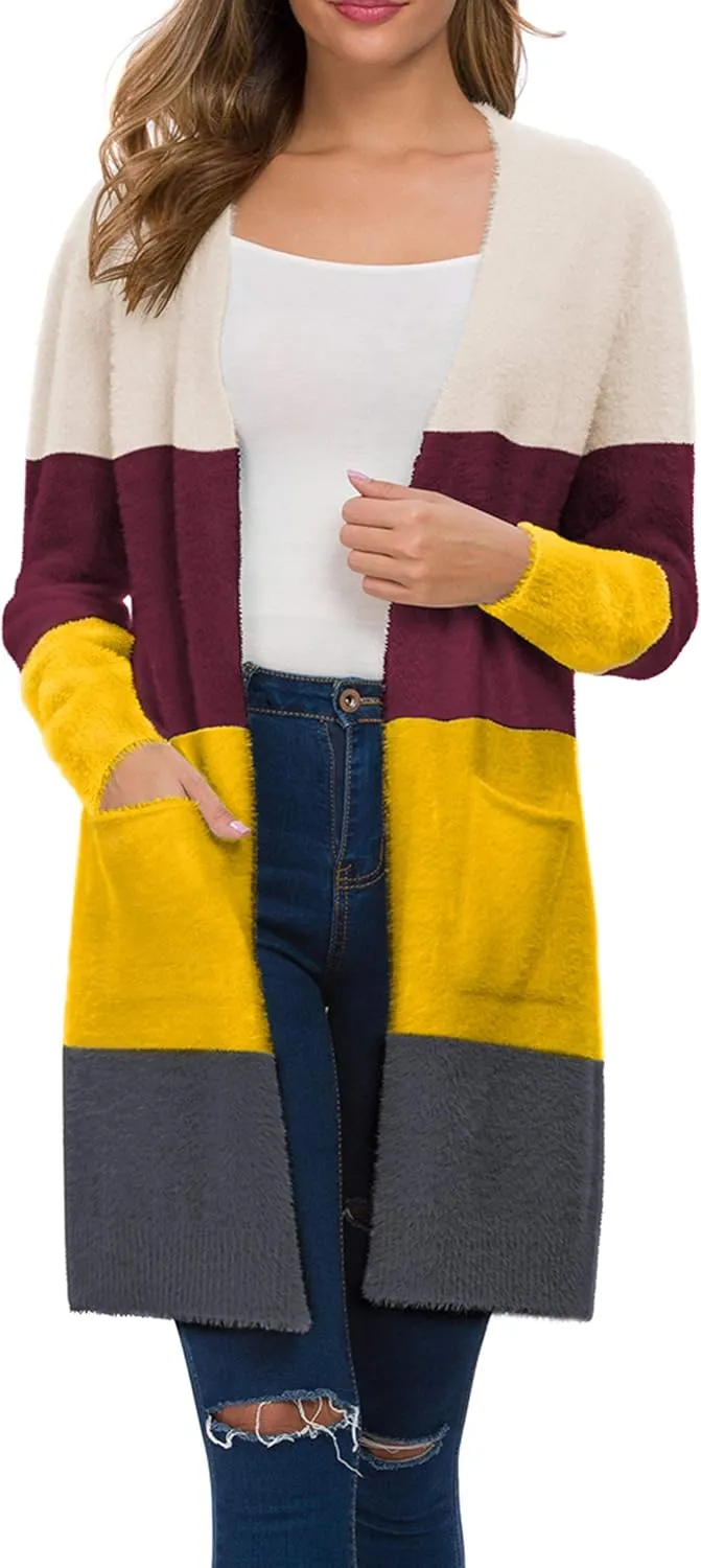 QIXING Women's Casual Open Front Knit Cardigans Long Sleeve Plush Sweater Coat with Pockets