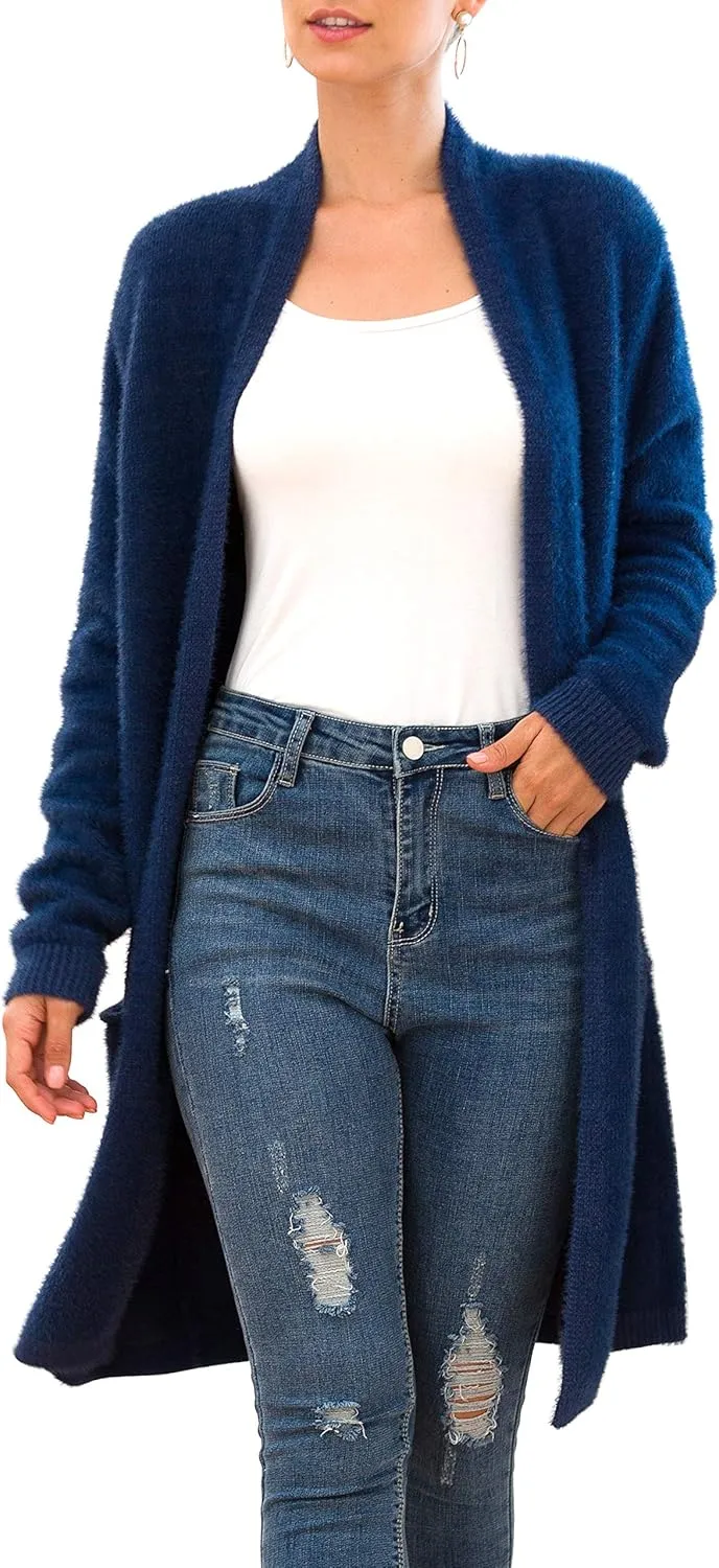 QIXING Women's Casual Open Front Knit Cardigans Long Sleeve Plush Sweater Coat with Pockets