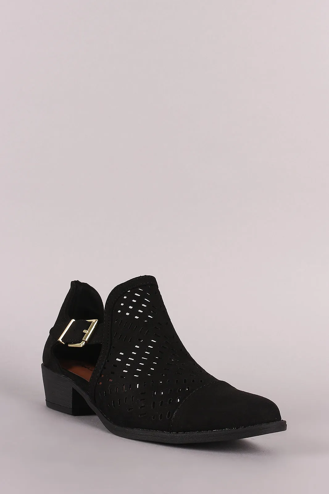 Qupid Side Cutout Buckled Accent Perforated Booties