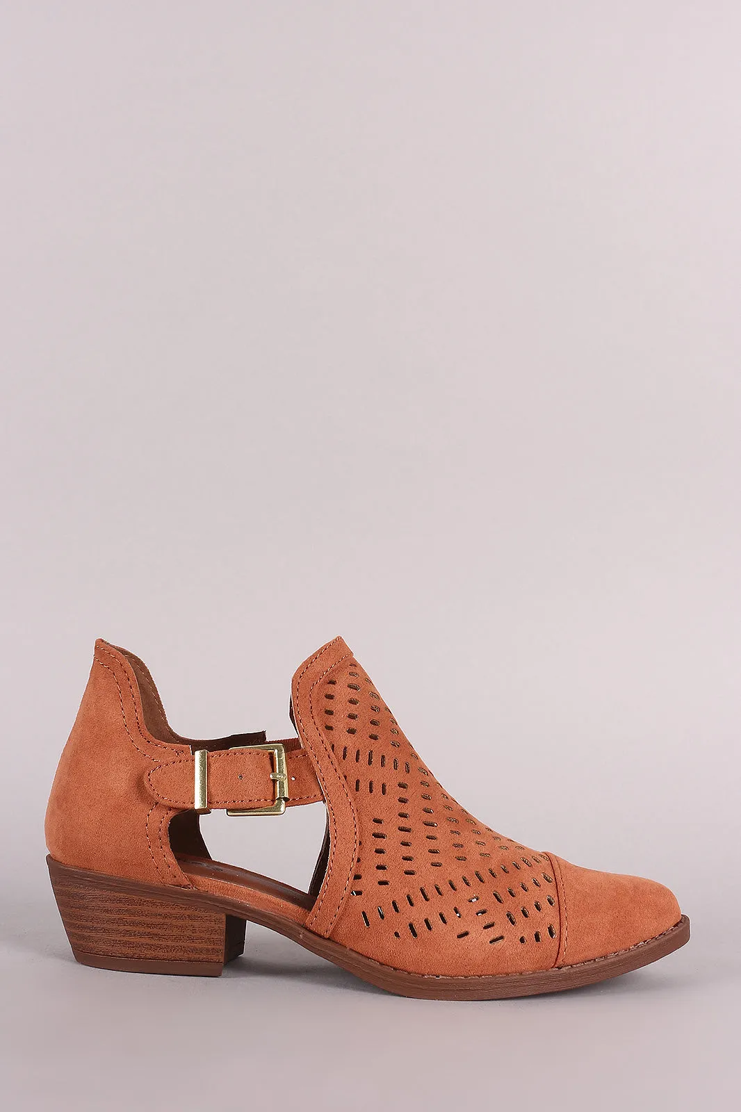 Qupid Side Cutout Buckled Accent Perforated Booties