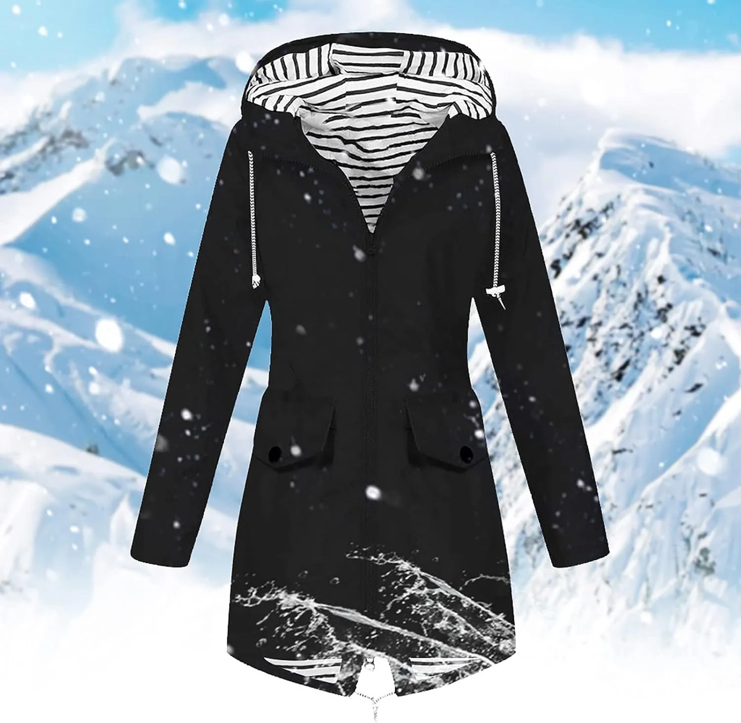 Rain Coat Womens Waterproof With Hood Trendy Zip Mid Length Outdoor Rain Jacket Fall Winter Solid Color Ski Jacket