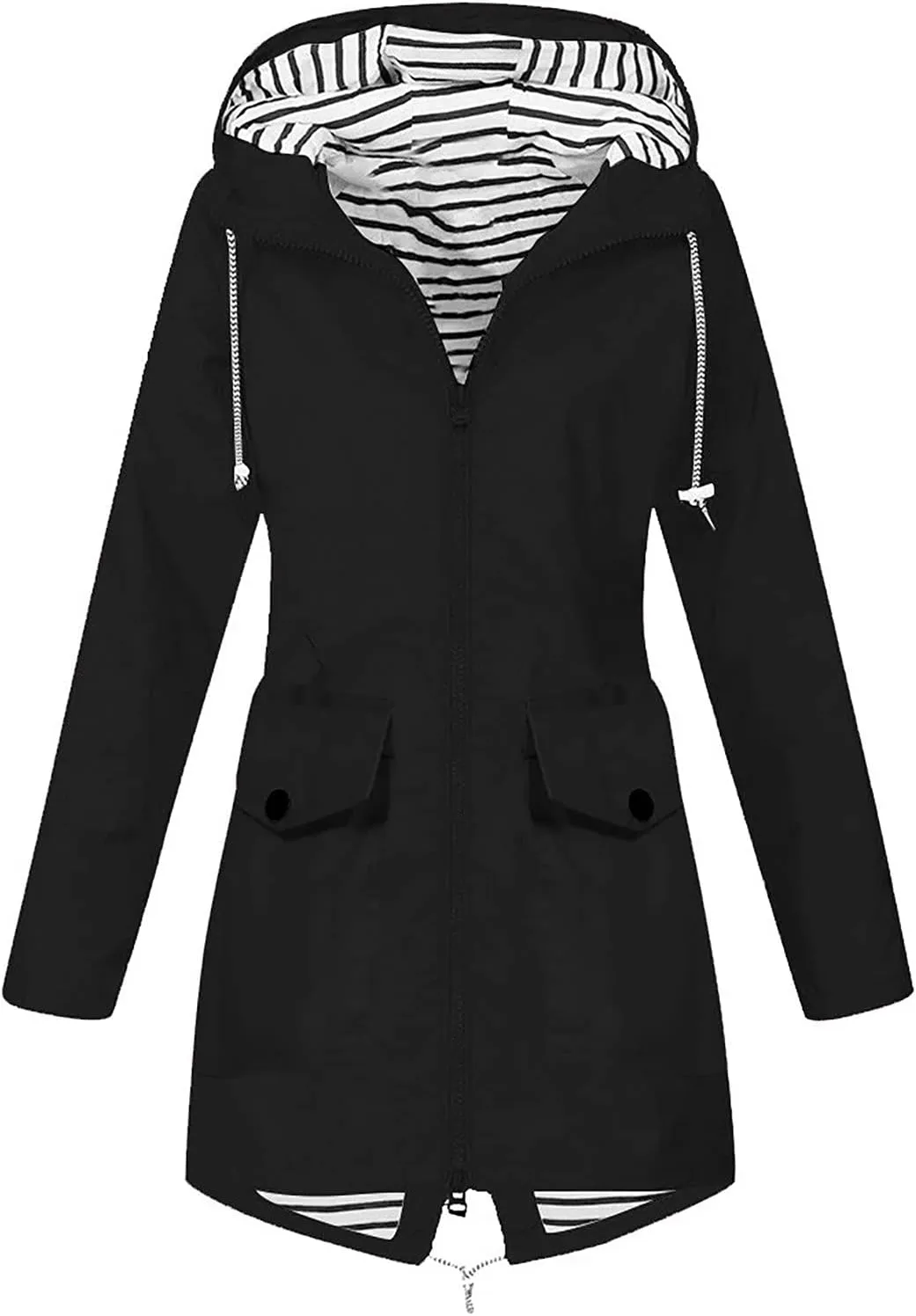 Rain Coat Womens Waterproof With Hood Trendy Zip Mid Length Outdoor Rain Jacket Fall Winter Solid Color Ski Jacket