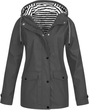 Rain Jacket Women,2024 Trendy Lightweight Zip Up Button Hooded Waterproof Windbreaker For Hiking Outdoor Travel