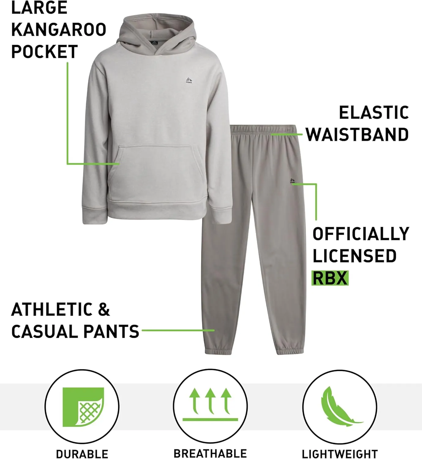 RBX Boys' Active Sweatsuit Set - 2 Piece Performance Fleece Pullover Hoodie Sweatshirt and Jogger Sweatpants (Sizes: 2T-12)