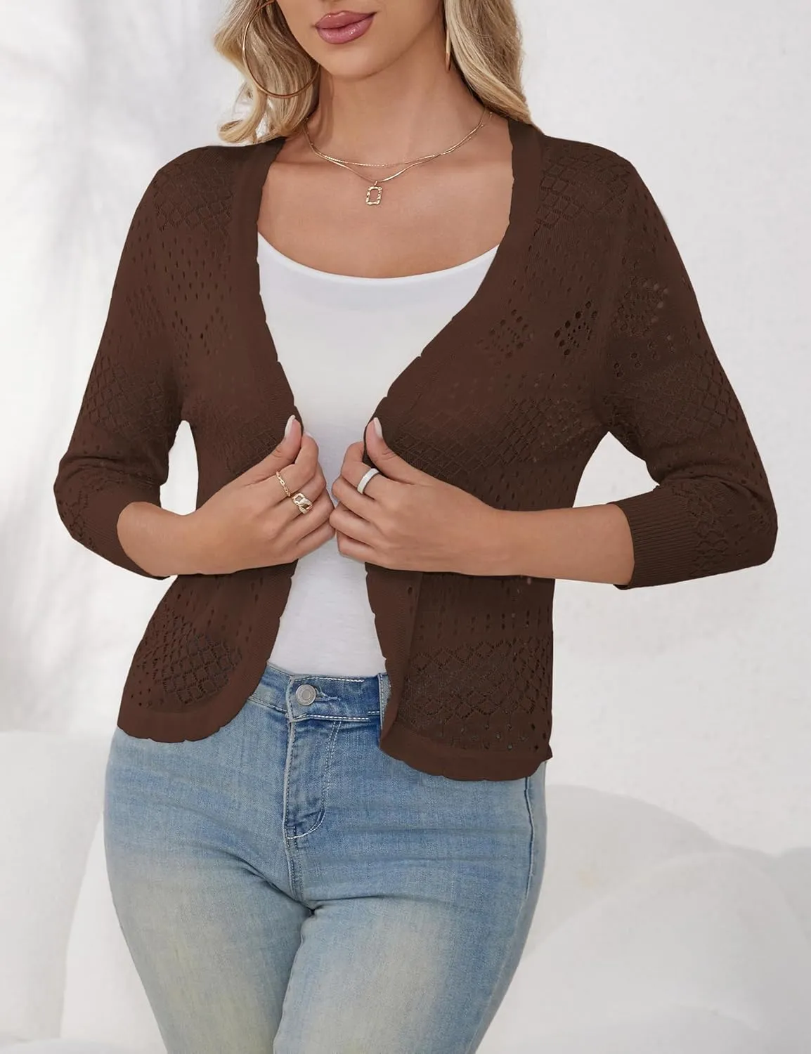 REDHOTYPE Women's 3/4 Sleeve Cardigan Open Front Cropped Shrugs Summer Hollowed Lightweight Cardigans Sweater (S-XL)