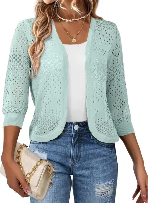 REDHOTYPE Women's 3/4 Sleeve Cardigan Open Front Cropped Shrugs Summer Hollowed Lightweight Cardigans Sweater (S-XL)
