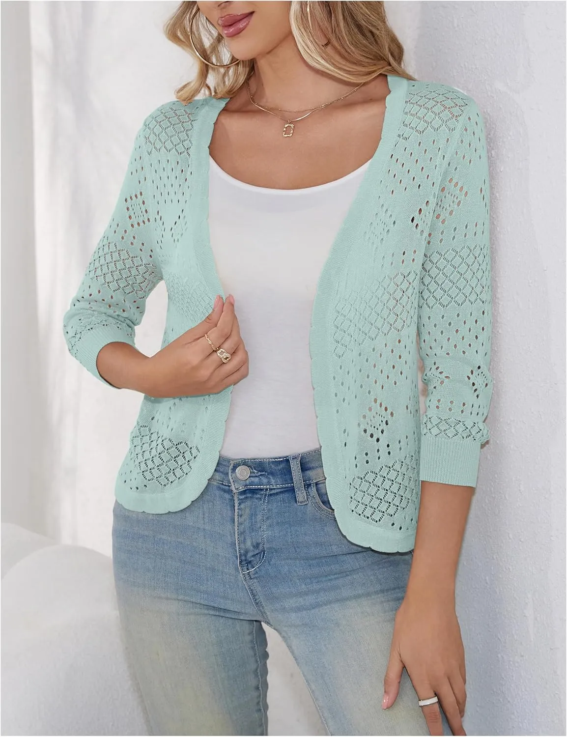 REDHOTYPE Women's 3/4 Sleeve Cardigan Open Front Cropped Shrugs Summer Hollowed Lightweight Cardigans Sweater (S-XL)