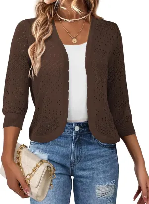REDHOTYPE Women's 3/4 Sleeve Cardigan Open Front Cropped Shrugs Summer Hollowed Lightweight Cardigans Sweater (S-XL)