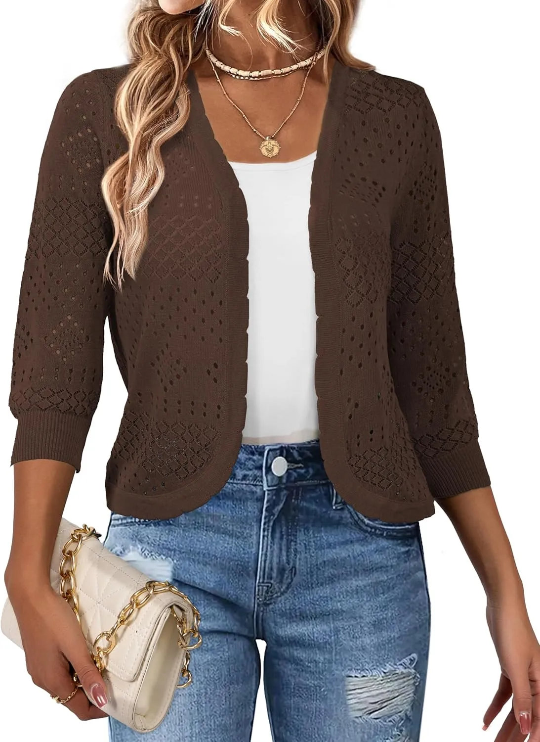 REDHOTYPE Women's 3/4 Sleeve Cardigan Open Front Cropped Shrugs Summer Hollowed Lightweight Cardigans Sweater (S-XL)