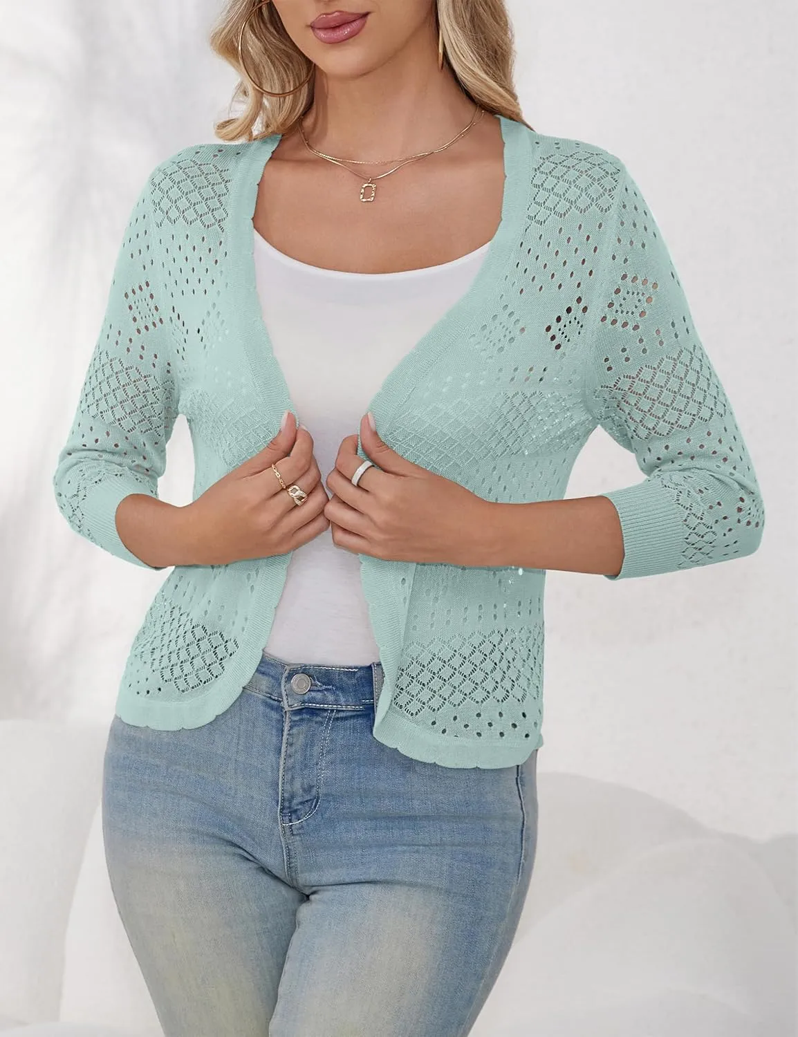 REDHOTYPE Women's 3/4 Sleeve Cardigan Open Front Cropped Shrugs Summer Hollowed Lightweight Cardigans Sweater (S-XL)