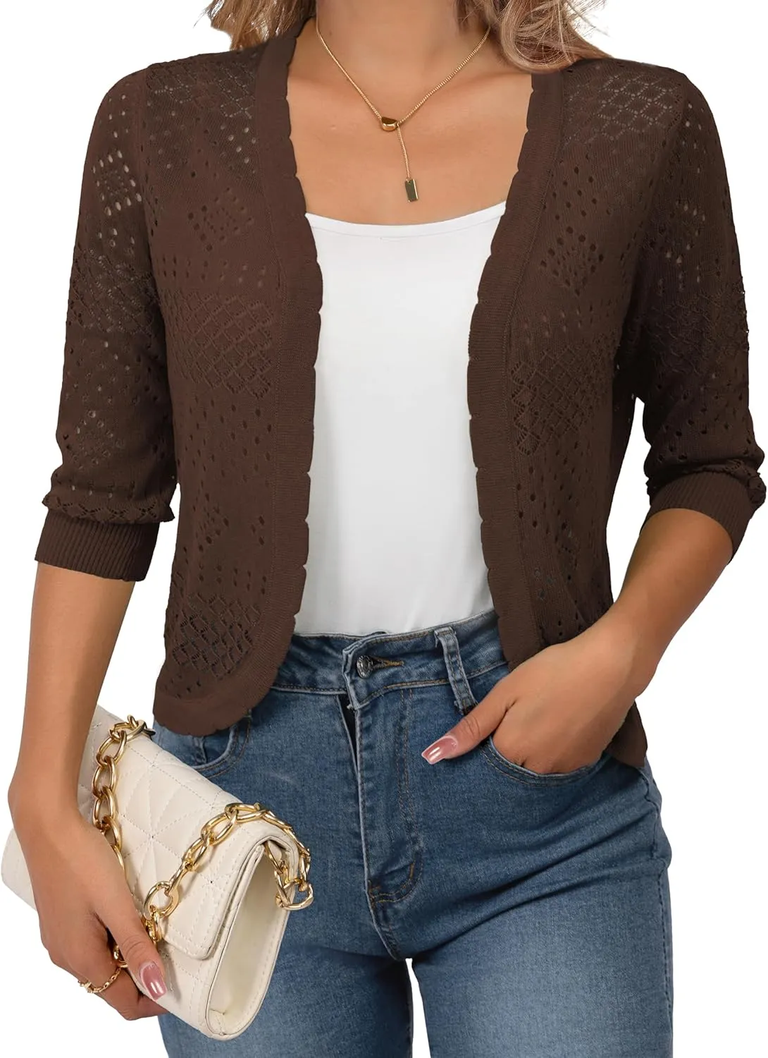 REDHOTYPE Women's 3/4 Sleeve Cardigan Open Front Cropped Shrugs Summer Hollowed Lightweight Cardigans Sweater (S-XL)