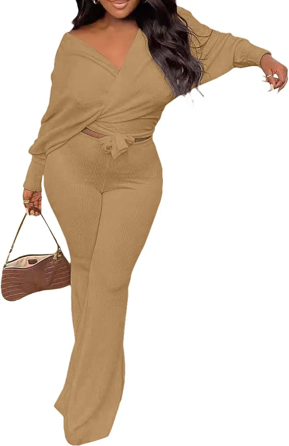 Remelon Womens Fall Rib-Knit 2 Piece Outfits V Neck Wrap Knot Crop Top Bodycon Wide Leg Pants Joggers Set Sweatsuits