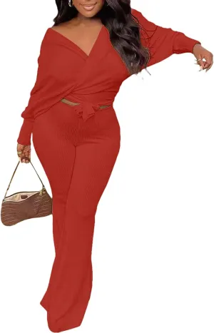 Remelon Womens Fall Rib-Knit 2 Piece Outfits V Neck Wrap Knot Crop Top Bodycon Wide Leg Pants Joggers Set Sweatsuits
