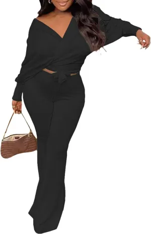 Remelon Womens Fall Rib-Knit 2 Piece Outfits V Neck Wrap Knot Crop Top Bodycon Wide Leg Pants Joggers Set Sweatsuits