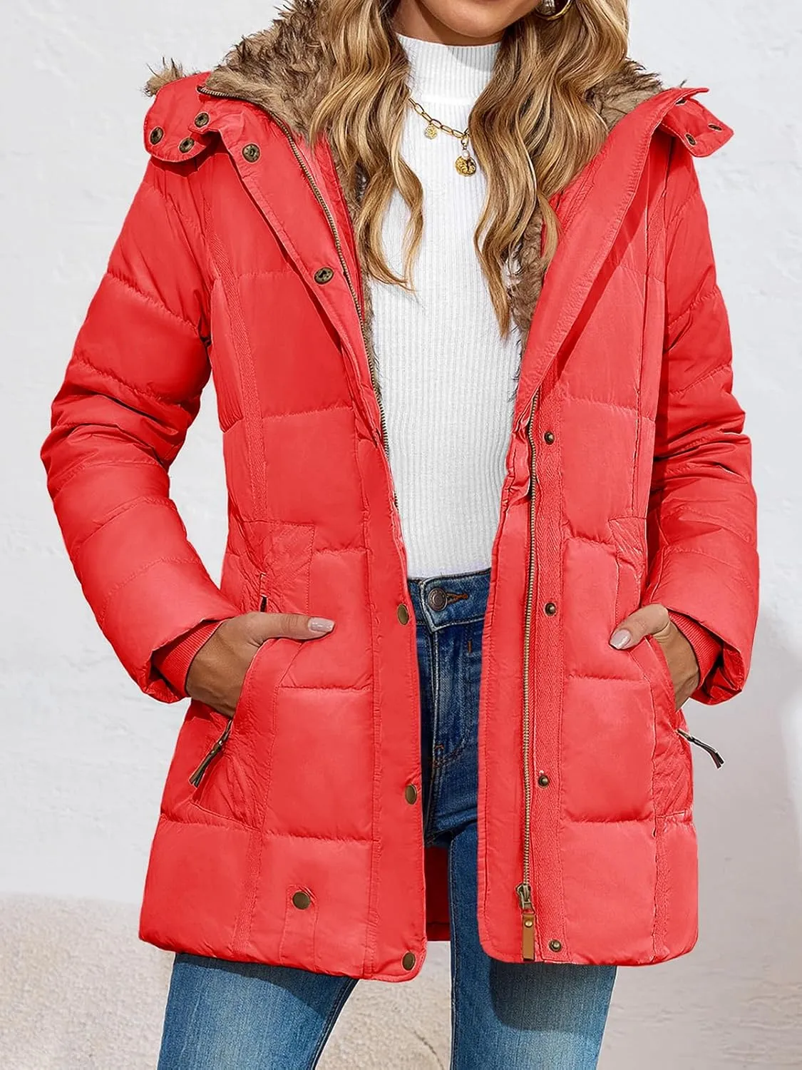 Remikstyt Womens Coats Winter Zipper Hooded Faux Fur Inside Down Jackets