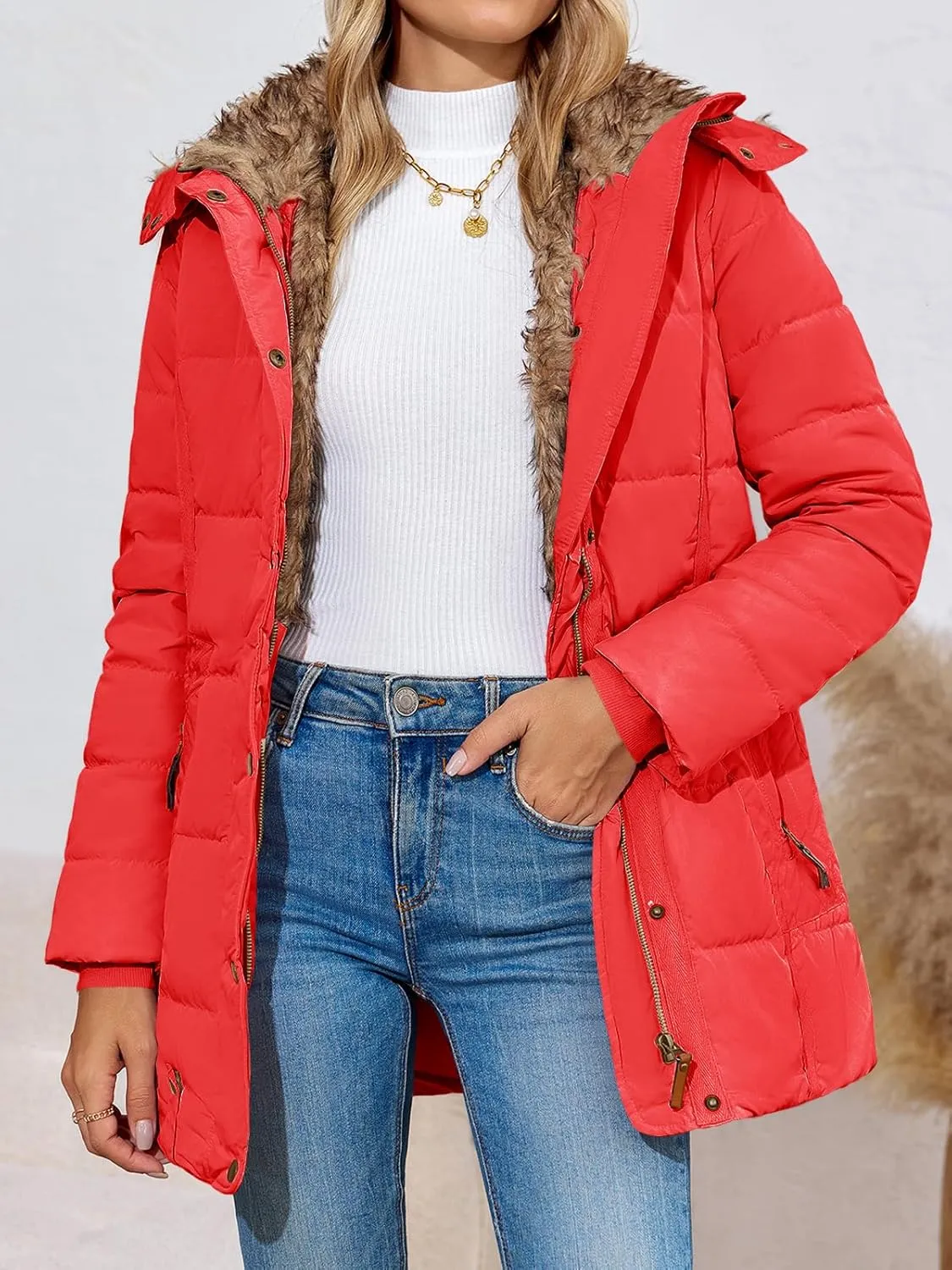 Remikstyt Womens Coats Winter Zipper Hooded Faux Fur Inside Down Jackets