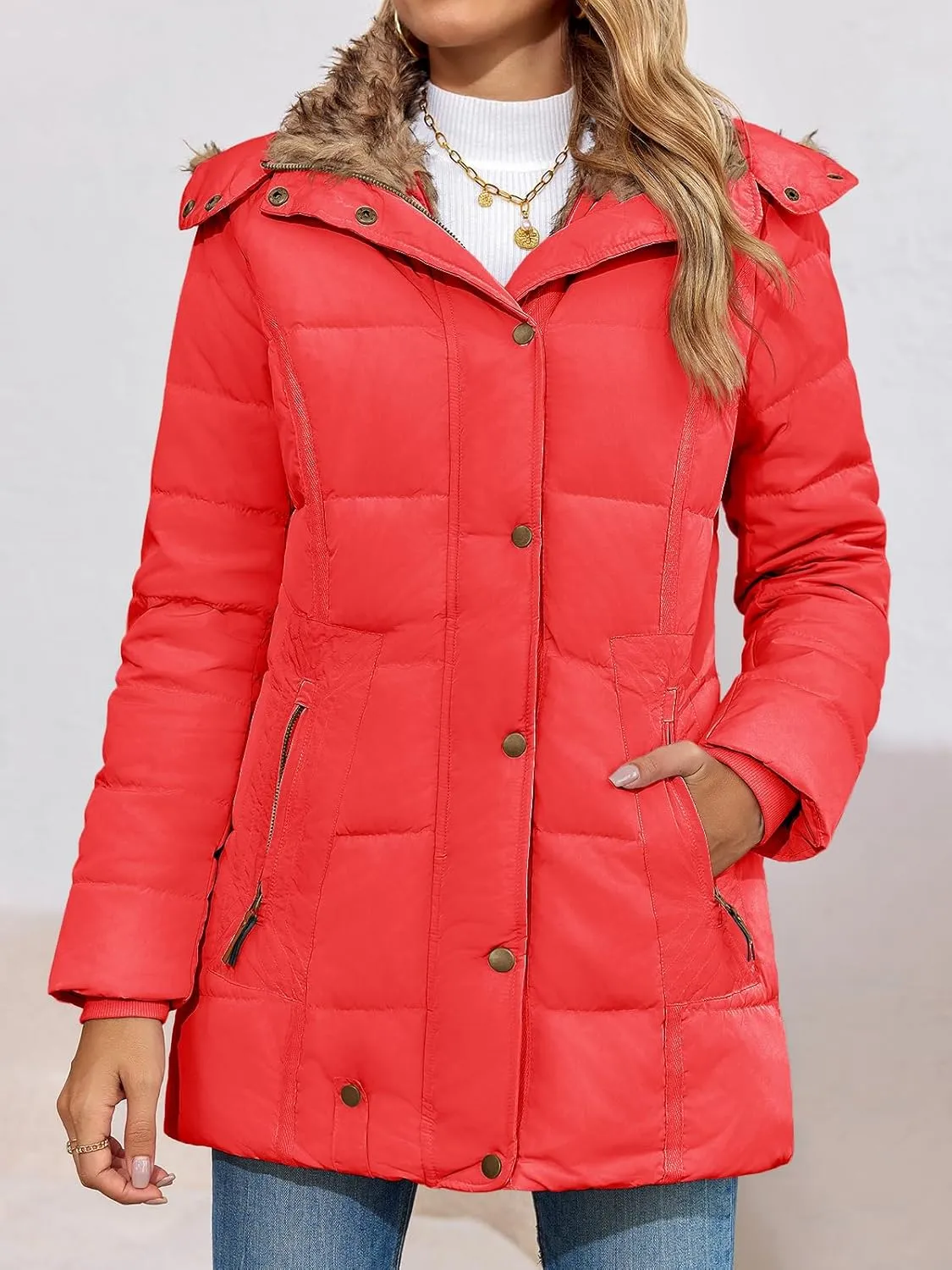 Remikstyt Womens Coats Winter Zipper Hooded Faux Fur Inside Down Jackets