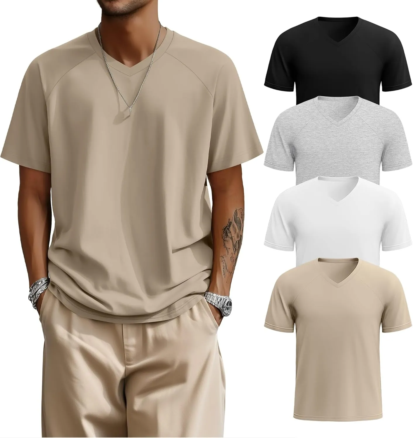 Riyiper 4 Pack Men's Big and Tall V Neck T-Shirts, Raglan Short Sleeve 30% Cotton Oversized Top Casual Summer Basic Tee