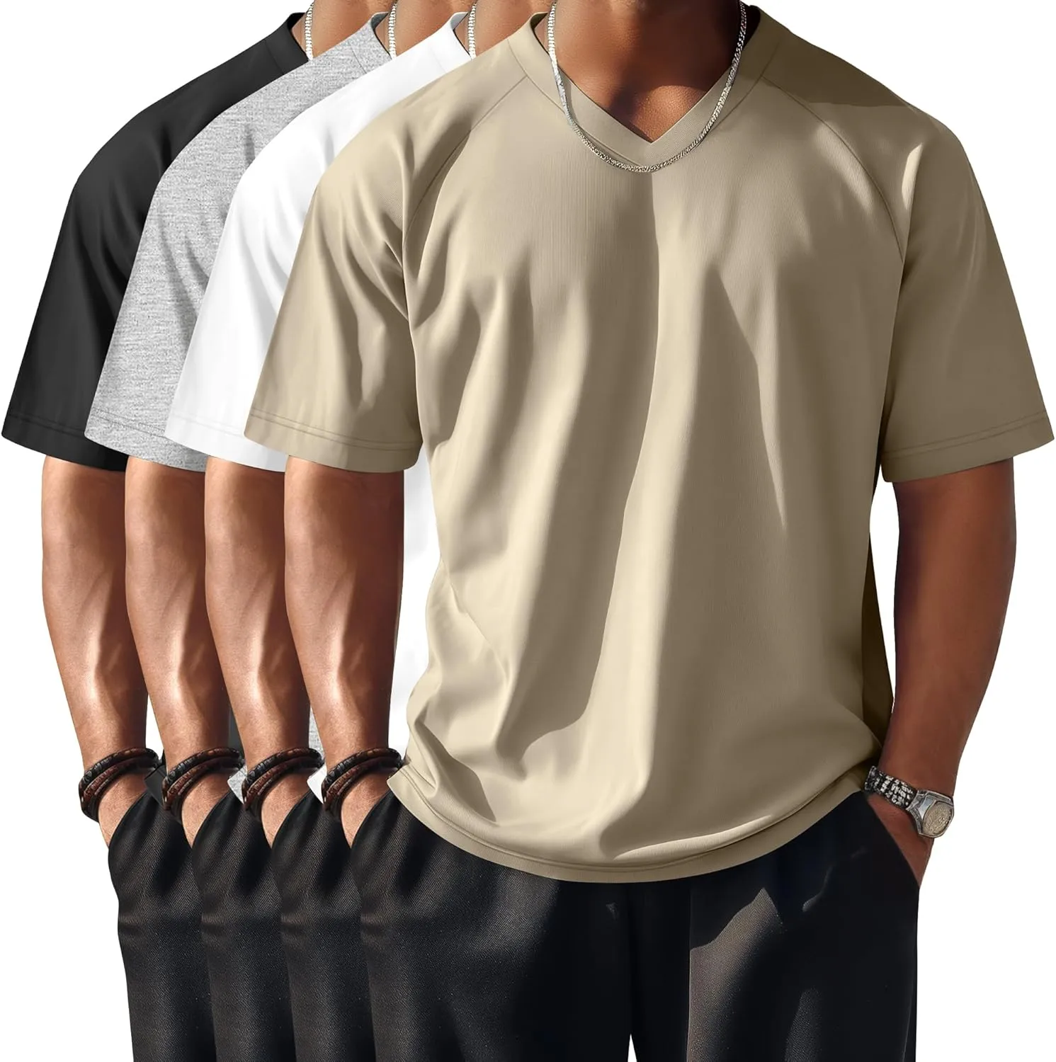 Riyiper 4 Pack Men's Big and Tall V Neck T-Shirts, Raglan Short Sleeve 30% Cotton Oversized Top Casual Summer Basic Tee