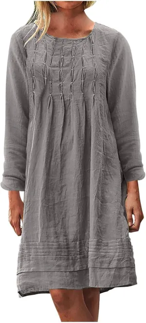 RKSTN Fall Dresses for Women 2025 Casual Cotton Linen Tshirt Dress Long Sleeve Pleated Solid Plus Size Midi Dress