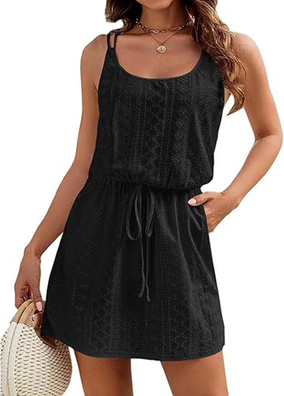 Ruziyoog Womens 2024 Summer Short Dress Eyelet Embroidery Sleeveless Cover Up Sun Dress Tie Waist A-Line Mini Dresses