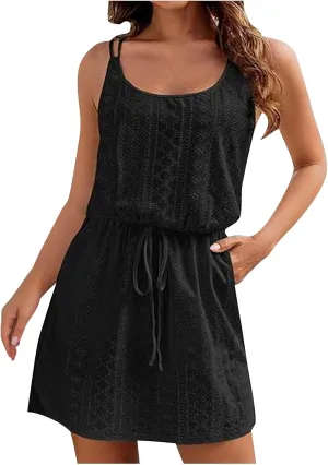 Ruziyoog Womens 2024 Summer Short Dress Eyelet Embroidery Sleeveless Cover Up Sun Dress Tie Waist A-Line Mini Dresses