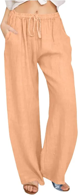 Ruziyoog Womens Cotton Linen Palazzo Pants Drawstring Elastic Waist Casual Wide Leg Beach Pants Summer Loose Fit Trousers