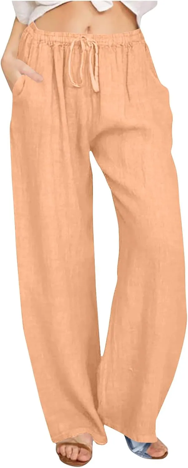 Ruziyoog Womens Cotton Linen Palazzo Pants Drawstring Elastic Waist Casual Wide Leg Beach Pants Summer Loose Fit Trousers