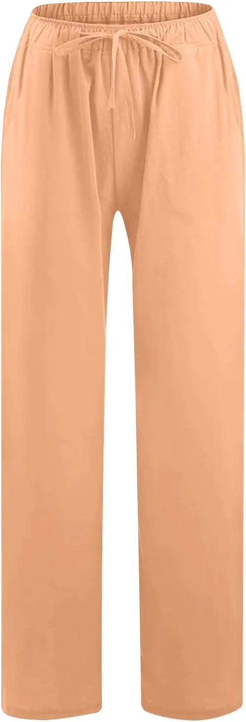 Ruziyoog Womens Cotton Linen Palazzo Pants Drawstring Elastic Waist Casual Wide Leg Beach Pants Summer Loose Fit Trousers