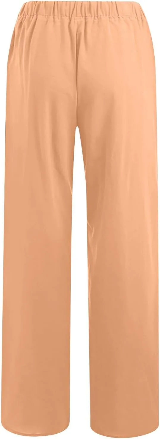 Ruziyoog Womens Cotton Linen Palazzo Pants Drawstring Elastic Waist Casual Wide Leg Beach Pants Summer Loose Fit Trousers