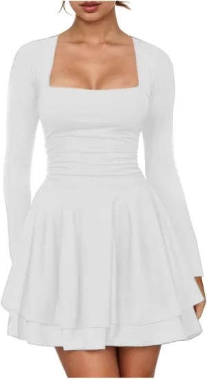 Rvidbe Summer Dresses for Women 2025 Square Neck Ruffle Hem Mini Dress Ruched Waist Long Sleeve Corset Short Party Dresses