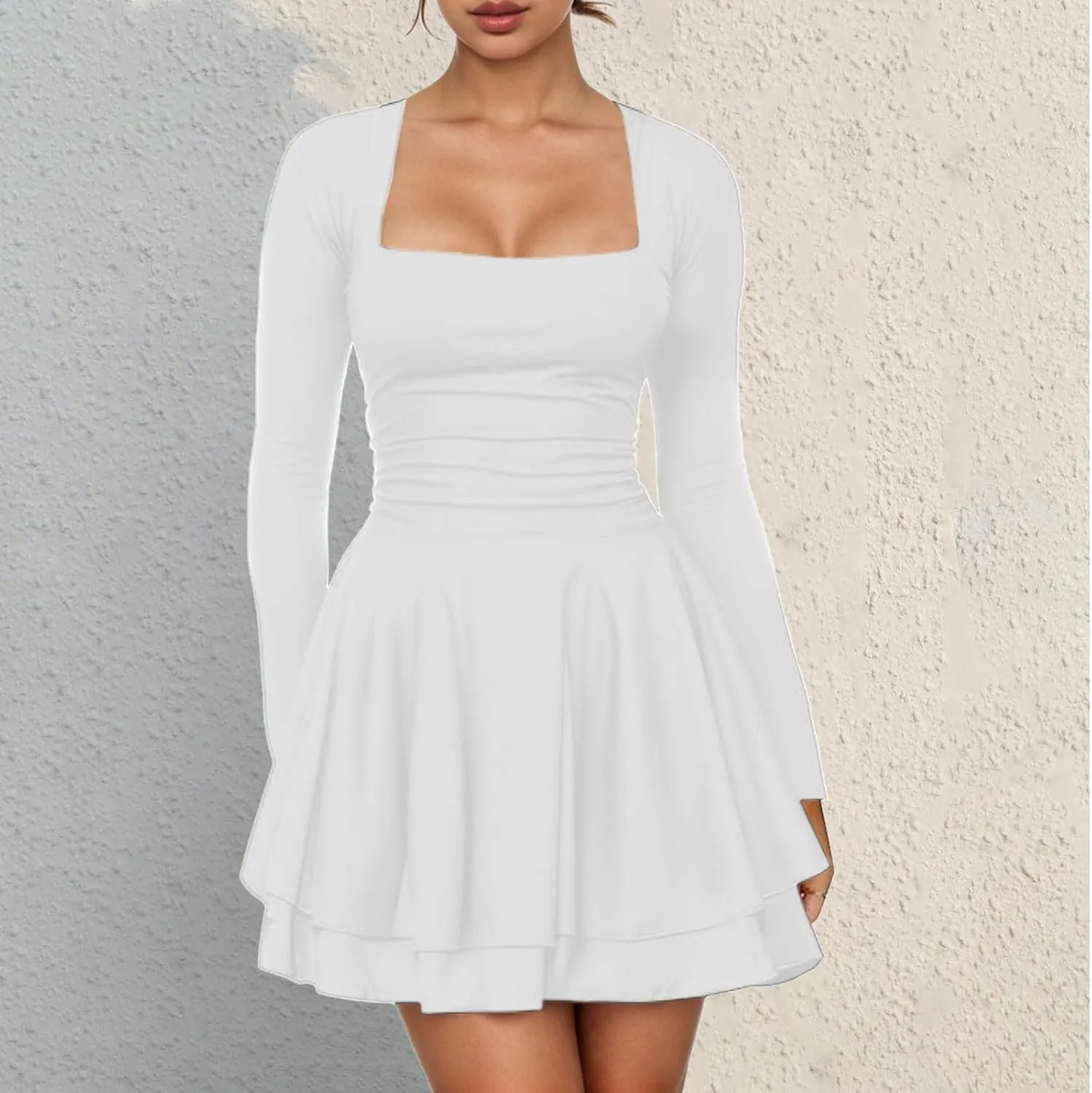 Rvidbe Summer Dresses for Women 2025 Square Neck Ruffle Hem Mini Dress Ruched Waist Long Sleeve Corset Short Party Dresses