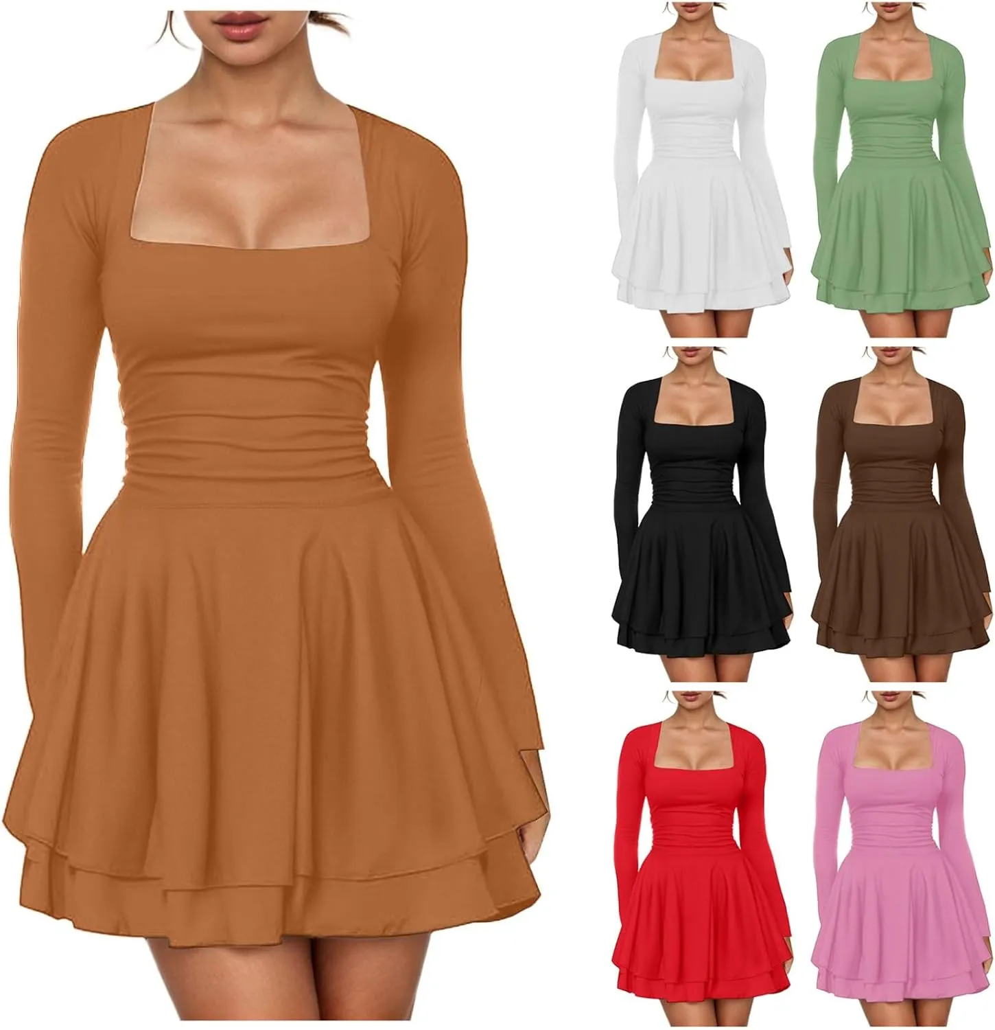 Rvidbe Summer Dresses for Women 2025 Square Neck Ruffle Hem Mini Dress Ruched Waist Long Sleeve Corset Short Party Dresses