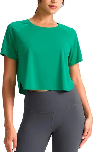 SANTINY Workout Crop Tops for Women Short Sleeve Athletic Shirts Cropped T-Shirt Yoga Gym Tops with Split Hem
