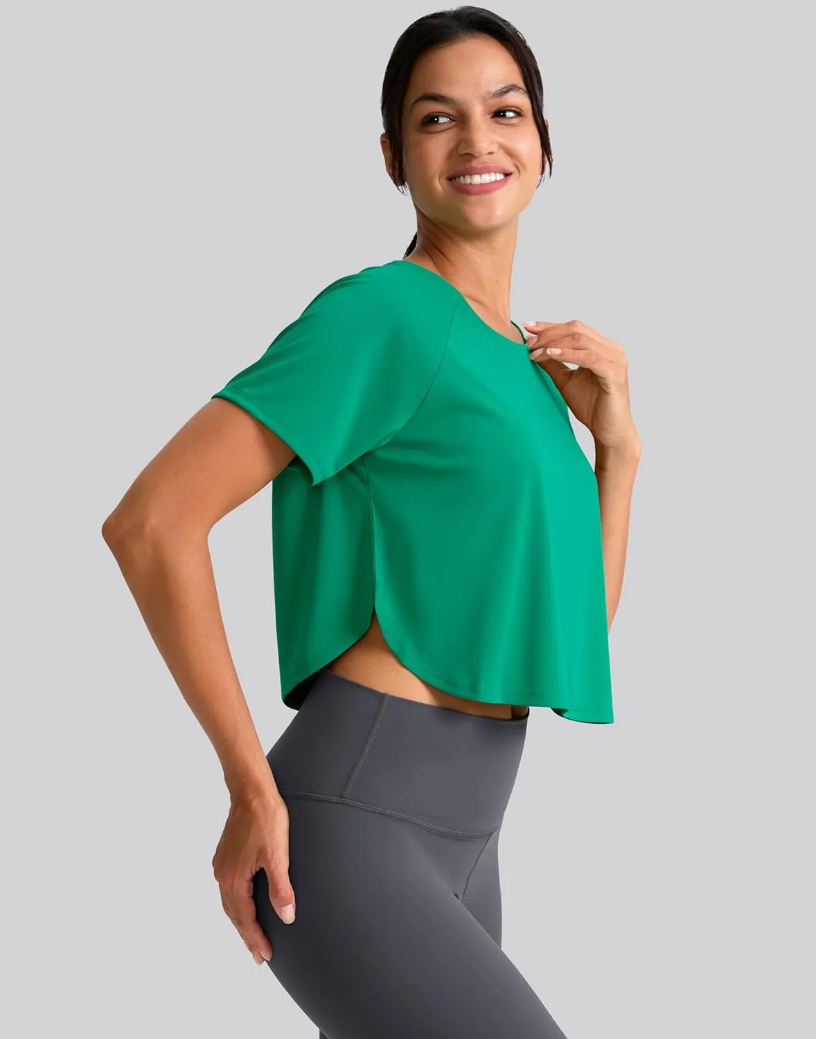 SANTINY Workout Crop Tops for Women Short Sleeve Athletic Shirts Cropped T-Shirt Yoga Gym Tops with Split Hem