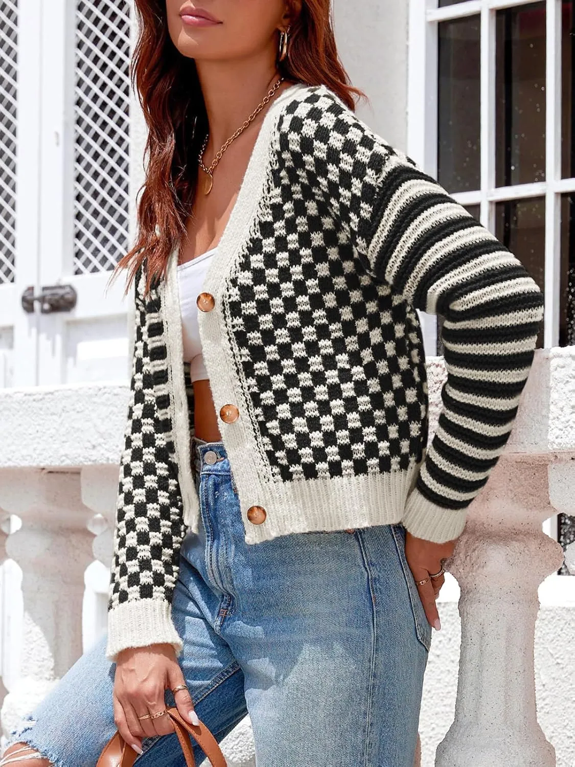 Saodimallsu Womens Checkered Cardigan Sweaters Striped Cropped Button Fall Trendy Open Front Knit Sweater Coats