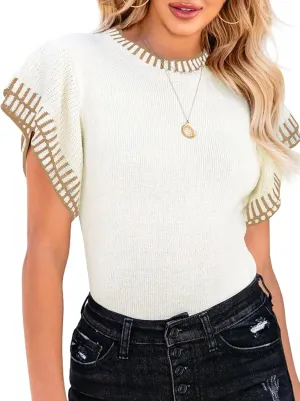 Saodimallsu Womens Short Sleeve Sweaters Tops Summer Ruffle Striped Loose Crew Neck Lightweight Soft Shirts Knit Sweater
