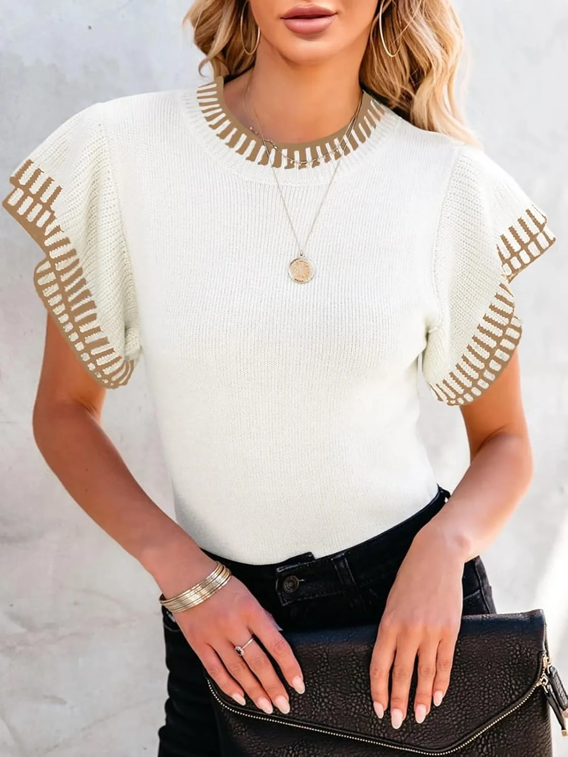Saodimallsu Womens Short Sleeve Sweaters Tops Summer Ruffle Striped Loose Crew Neck Lightweight Soft Shirts Knit Sweater