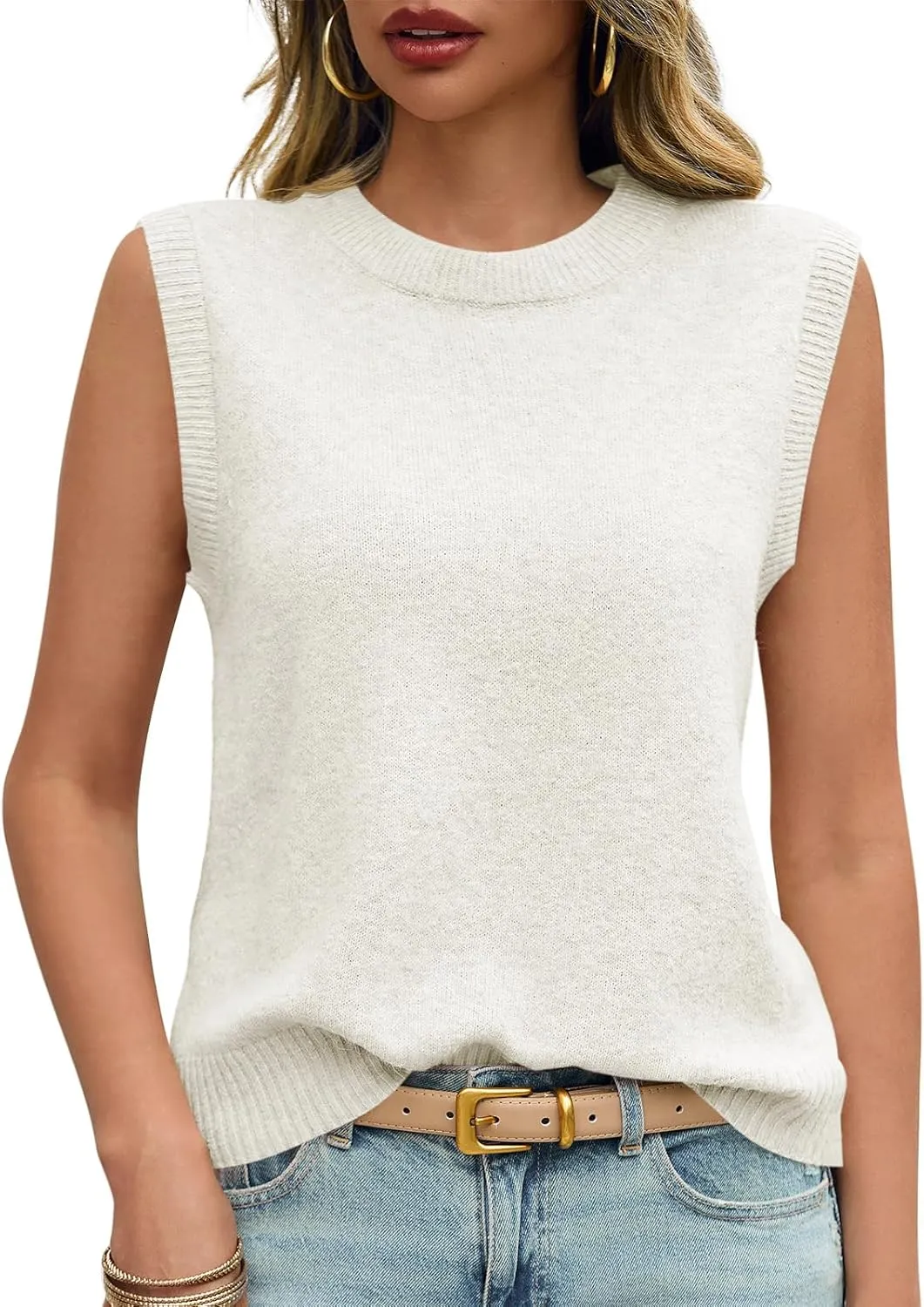 Saodimallsu Womens Sleeveless Sweater Vest Summer Casual Cap Sleeve Crew Neck Loose Knit Lightweight Pullover Tank Tops
