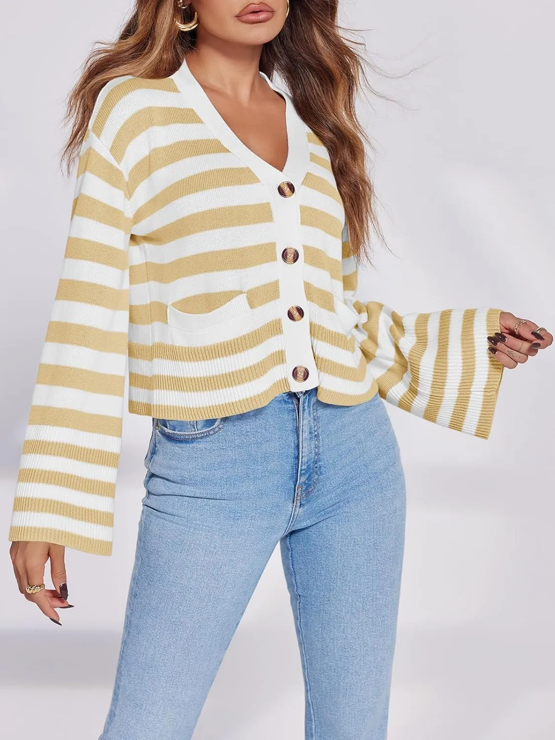 Saodimallsu Womens Striped Cardigan Sweaters Cropped Fall Button Open Front Long Sleeve Knit Sweater Coat with Pockets