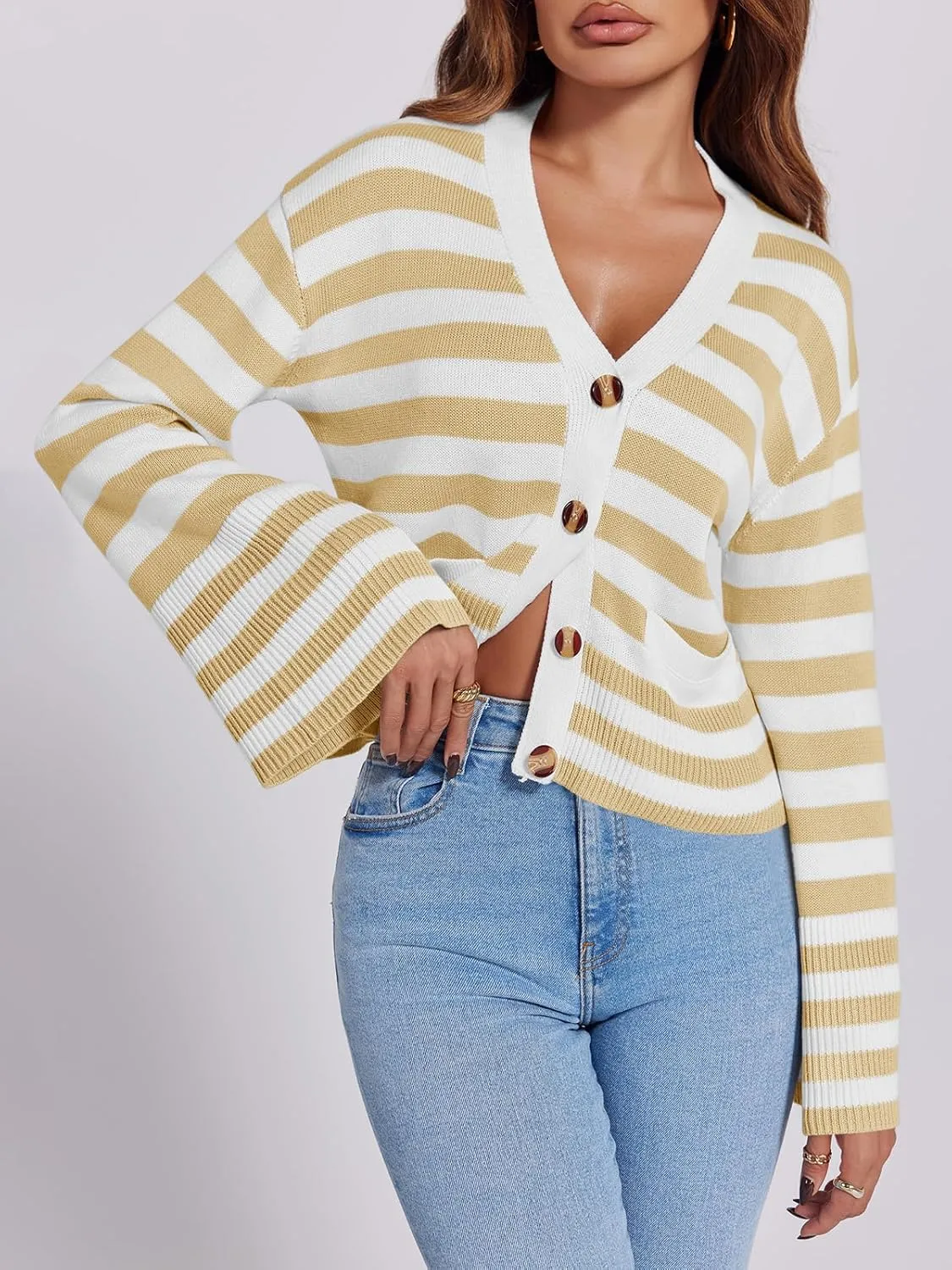 Saodimallsu Womens Striped Cardigan Sweaters Cropped Fall Button Open Front Long Sleeve Knit Sweater Coat with Pockets