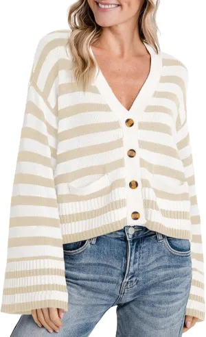 Saodimallsu Womens Striped Cardigan Sweaters Cropped Fall Button Open Front Long Sleeve Knit Sweater Coat with Pockets