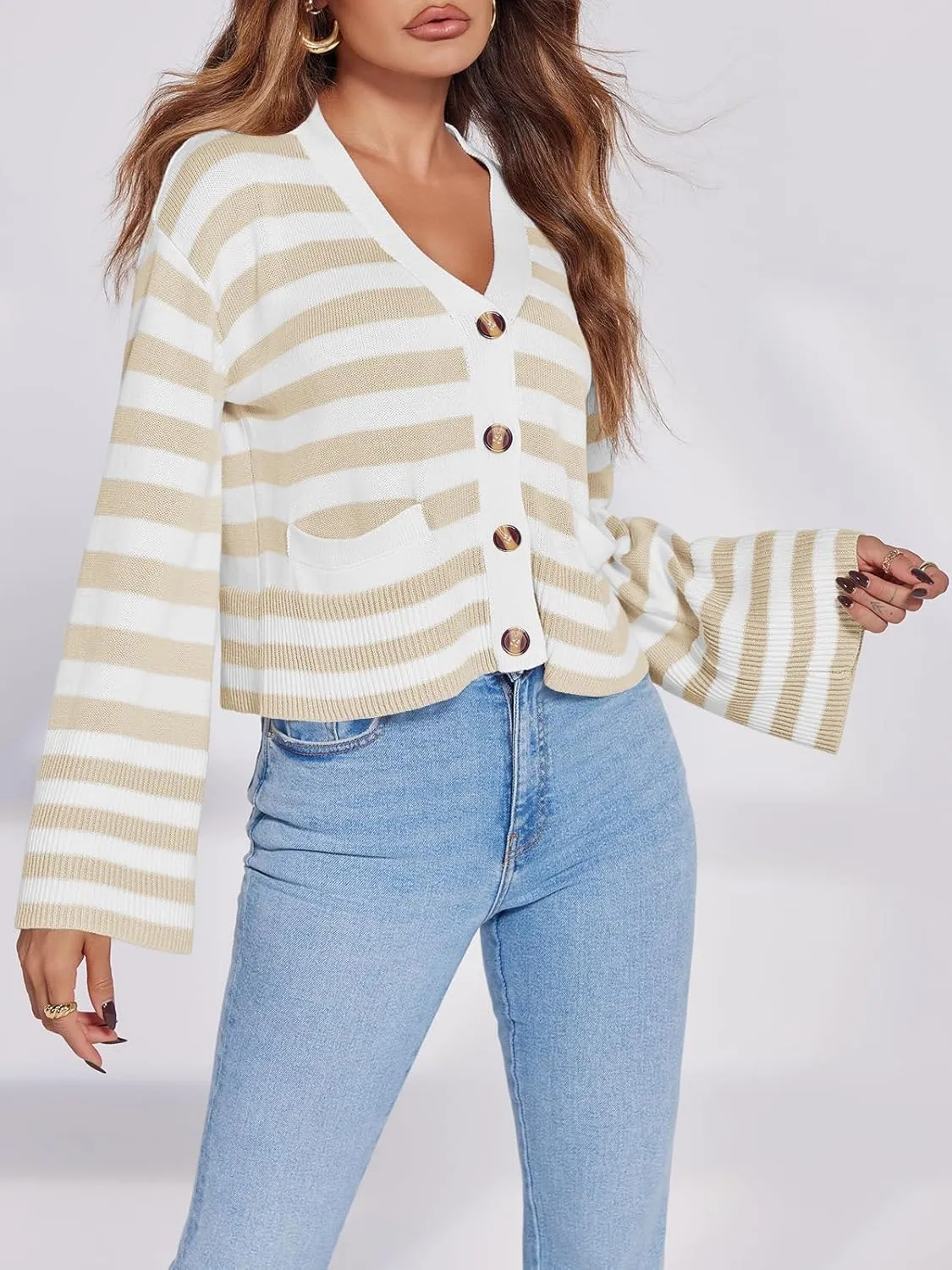 Saodimallsu Womens Striped Cardigan Sweaters Cropped Fall Button Open Front Long Sleeve Knit Sweater Coat with Pockets