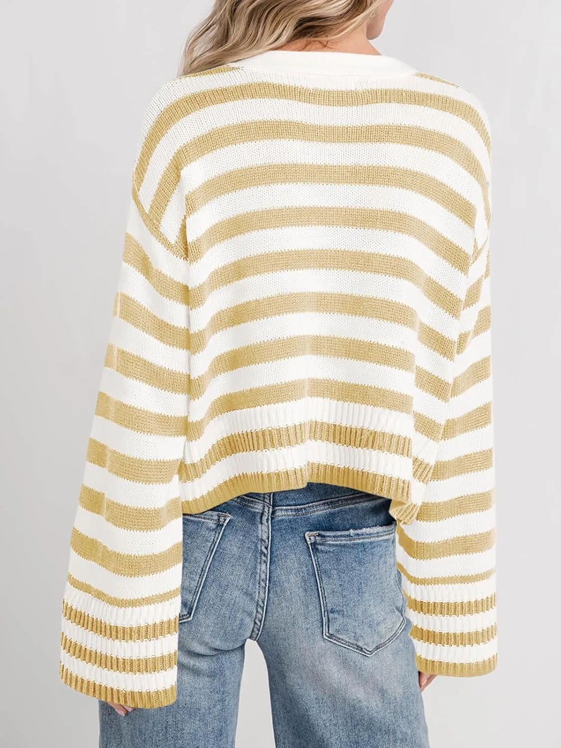 Saodimallsu Womens Striped Cardigan Sweaters Cropped Fall Button Open Front Long Sleeve Knit Sweater Coat with Pockets