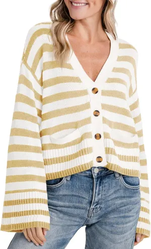 Saodimallsu Womens Striped Cardigan Sweaters Cropped Fall Button Open Front Long Sleeve Knit Sweater Coat with Pockets
